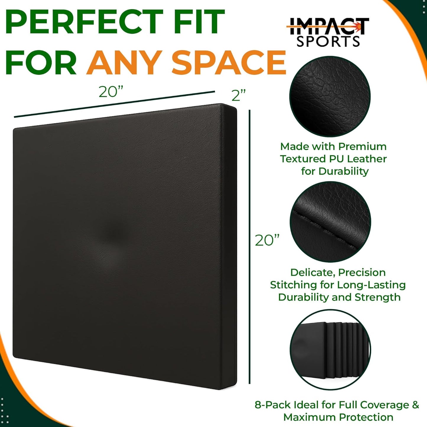 IMPACT SPORTS [12 Pack] Golf Wall Padding Golf Enclosure Padding [20"x20"x2"] Safety Padding Memory Foam with PU Leather Surface for Impact Protection