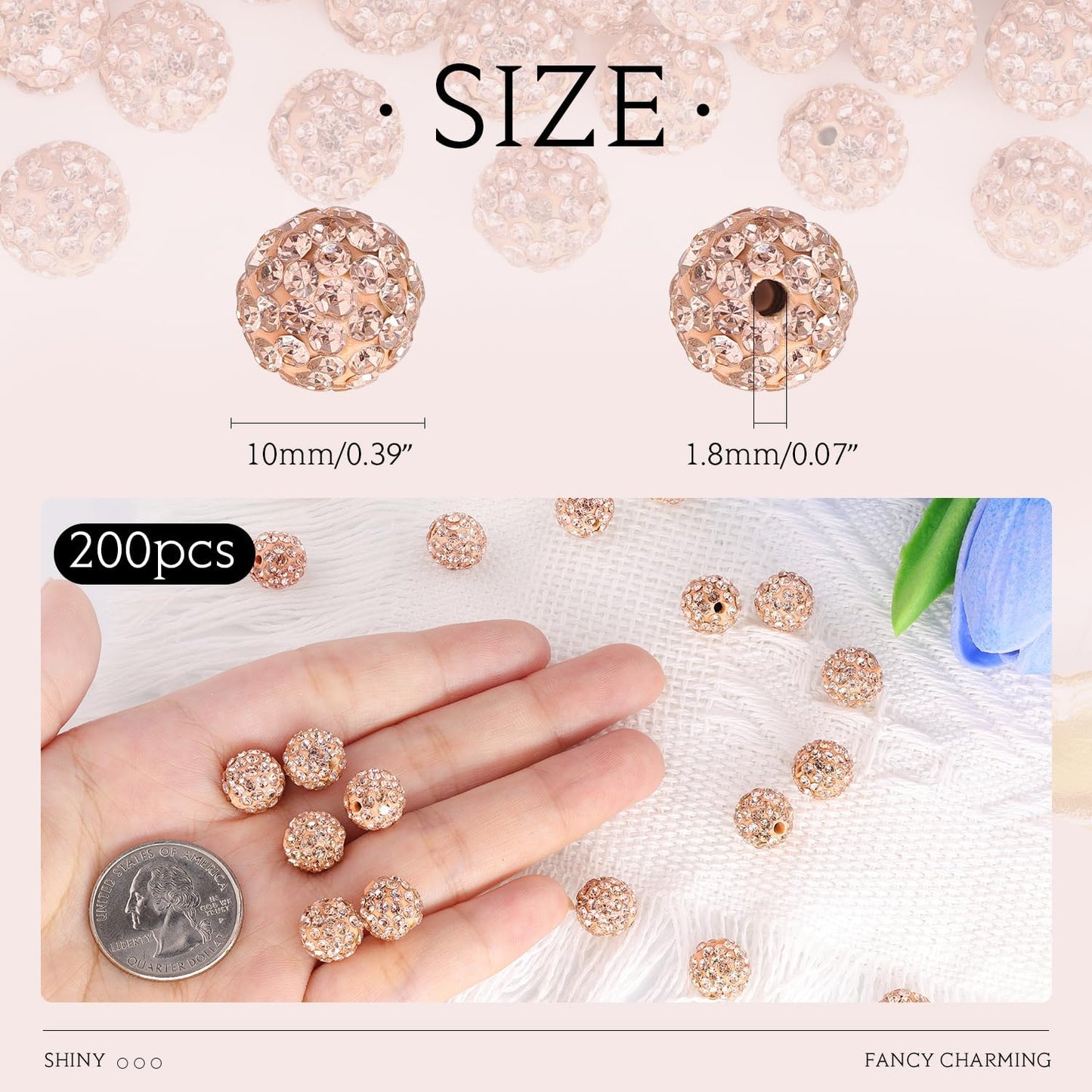 200pcs 10mm Light Peach Rhinestone Beads for Jewelry Making, Shiny Round Shamballa Disco Ball Beads, Sparkle Crystal Clay Christmas for Bracelet Baseball Necklace Earring Crafting and DIY