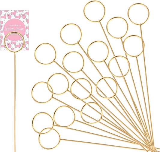 20Pcs Item Stand Place Card Holder, Round Shape Gold Picture Holder Table Number Pick Clips for Gift Card Decorations Metal Wire Floral Picks for Wedding Party Birthday Cake Party Favor