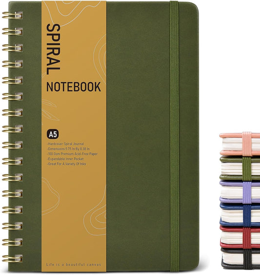 Graph Spiral Journal Notebook, A5 Hardcover Spiral Journals for Women Men, 100 GSM Graph Paper Notebooks, 150 Pages Spiral Bound Grid Notebook for Writing Note Taking Work 5.75" x 8.38" Olive Green