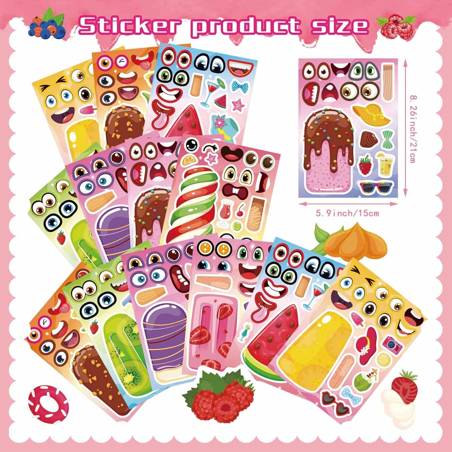 24 Sheets Ice Cream Stickers for Kids Classroom, Make Your Own Ice Cream Sticker, Summer Stickers Birthday Party Favor, Summer Craft Teacher Reward