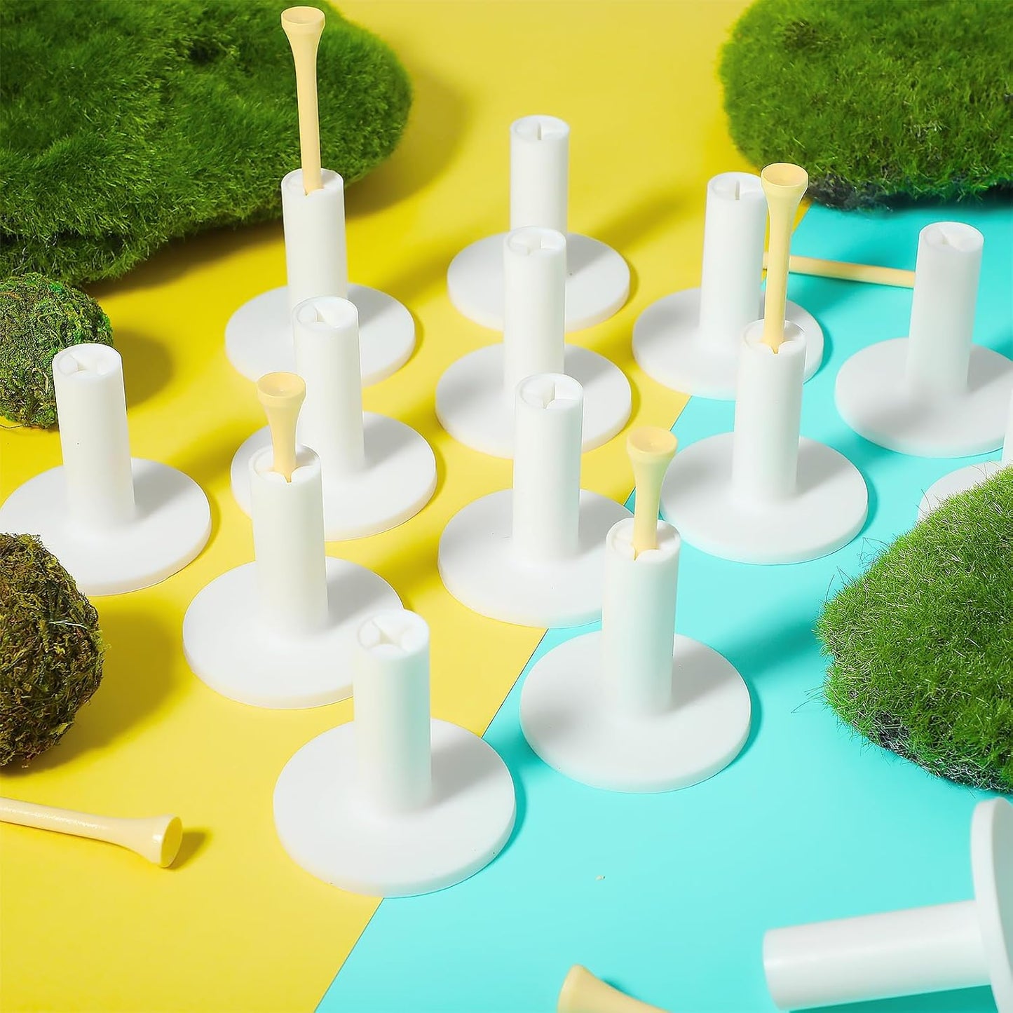 15 Set Golf Rubber Tee Holder Set for Driving Range Golf Practice Mat Indoor Outdoor Size 1.5 Inch (15 Golf Rubber Tee Holders, 15 Bamboo Tees)