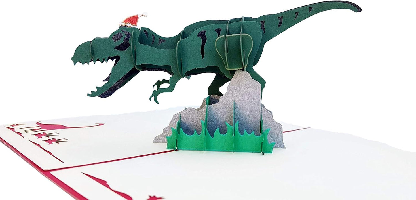 iGifts And Cards Funny Christmas Dinosaur 3D Pop-Up Card – Santa Hat T-Rex with Gifts & Candy Canes – Holiday Greeting for Kids, Dinosaur Lovers, Friends, Coworkers – 6x8 Inches