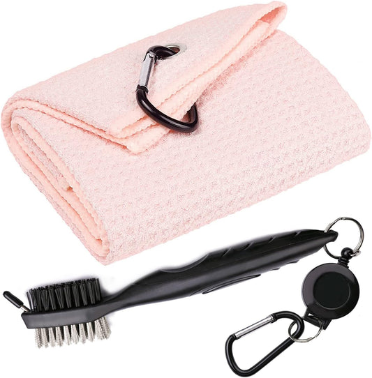 Golf Towels, Microfiber Waffle Pattern Tri-fold Golf Towel - Brush Tool Kit with Club Groove Cleaner, with Clip Men Women Golf Gifts (Pink Towel+Black Brush)