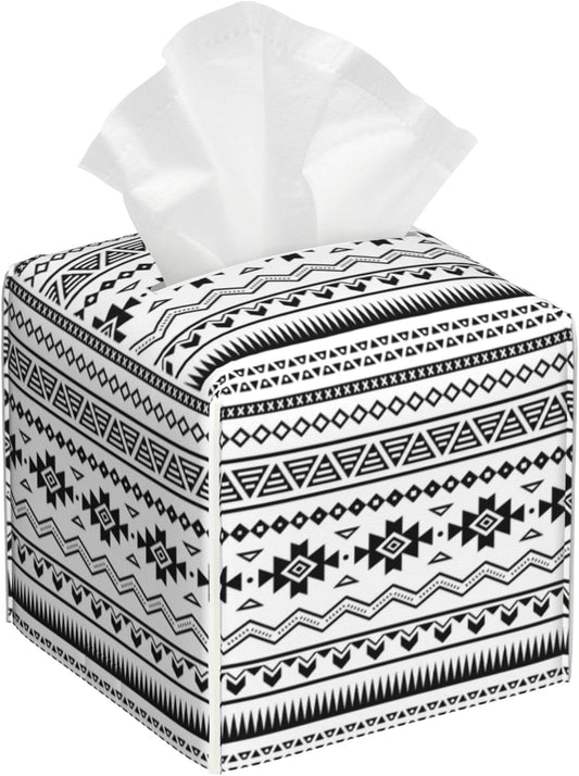 Boho Black White Geometric Tissue Box Cover Square,Abstract Tribal Symbol Tissue Box Holder Waterproof Leather Facial Paper Organizer Dispenser for Bathroom Home Car Nightstand Vanity Desk