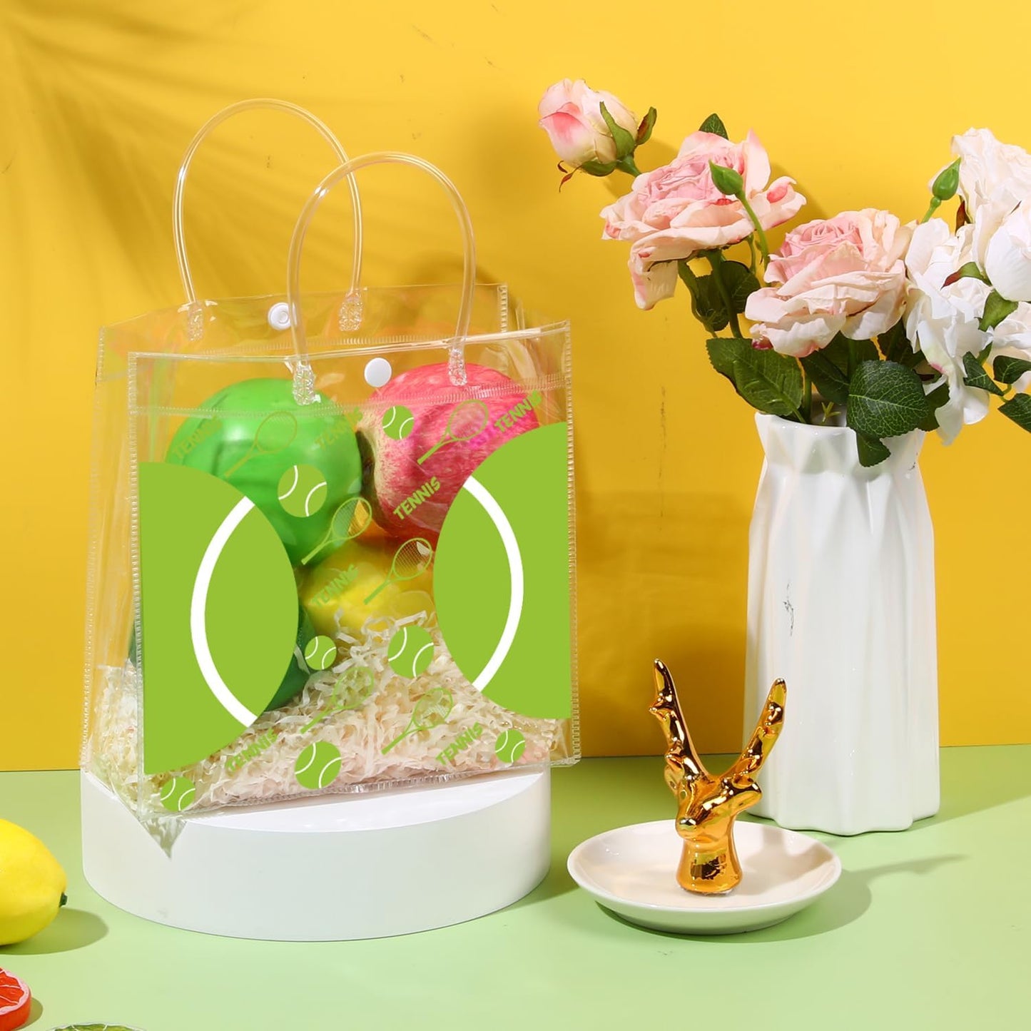 24 Pieces Tennis Clear PVC Gift Bag with Handles Tennis Transparent Treat Goodie Bags 8 x 8 x 3.2Inch Sport Theme Party Favor Bag for Birthday Holiday Sports Team (tennis)