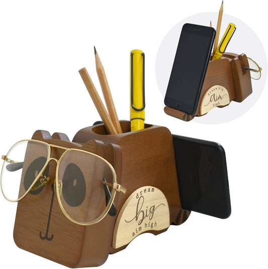 I'm Wood Multipurpose Raccoon Eyeglass Phone Pen & Pencil Holder Stand Stationery Desk Organizer Accessories Decor, for Home Office Desktop Decoration Birthday Graduation Gifts “Dream Big Aim High”