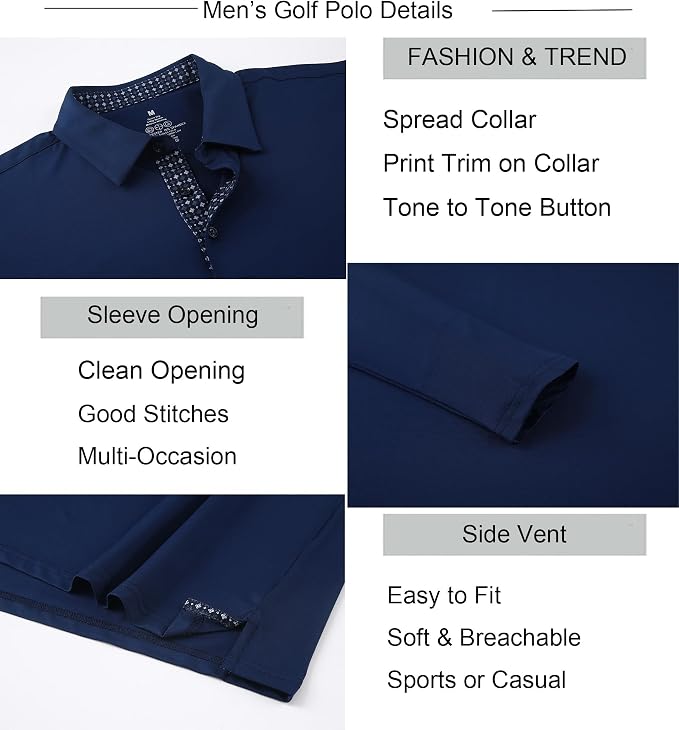 Alex Vando Mens Golf Shirt Moisture Wicking Quick-Dry Solid Long Sleeve Polo - Image 6