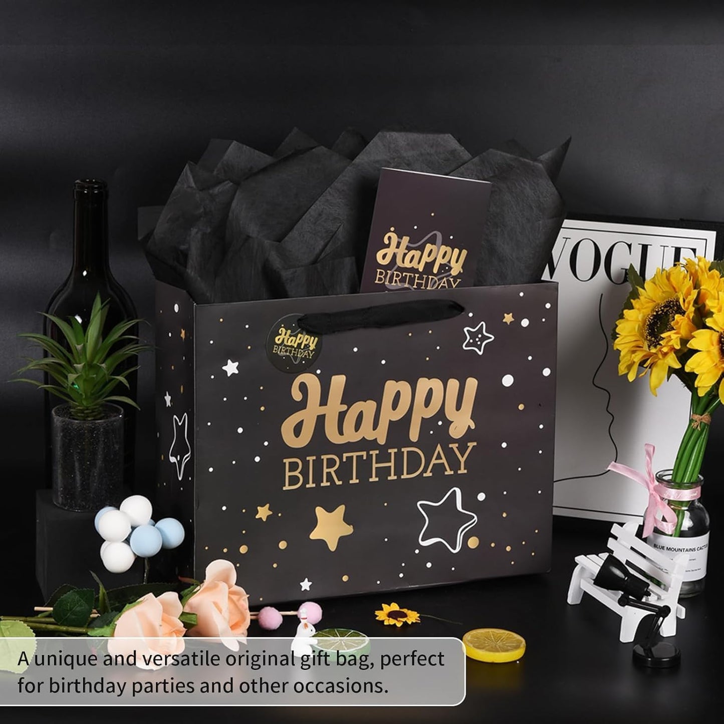 16" Black Happy Birthday Gift Bag with Tissue Paper and Greeting Card for Party,Happy Birthday Gift Bag for Men Women,Gift Bags Extra Large(1 PCS Black Hot Stamping)