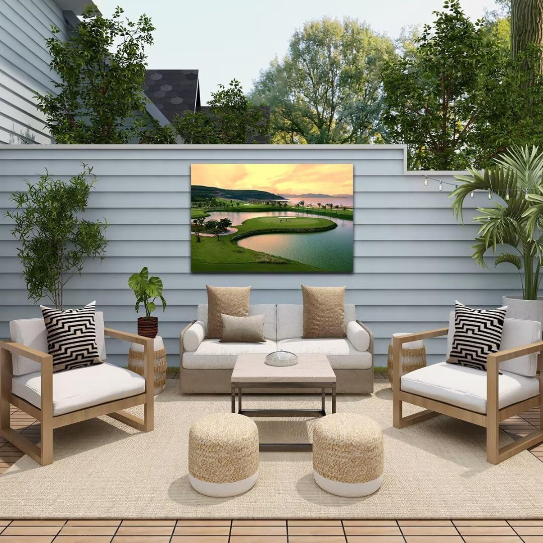 HJY Art USA Golf Course Wall Art for Gym Pebble Beach Golf Course Wall Decor Yellow Green Abstract Painting Poster for Home Decor Living Room Bedroom Bathroom Office Artwork (12 x 16 inch)