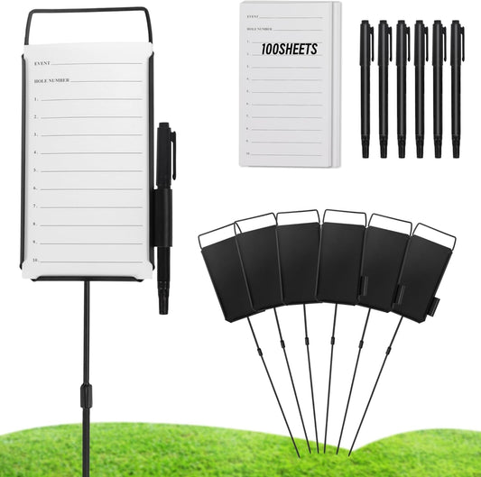 6 Pack Steel Longest Drive and Closest to The Pin Marker, Golf Metal Proximity/Course Distance/Fairway Distance Markers with 100 Sheets Cards and 6 Pens, for Outdoor Golf Tournament Signs