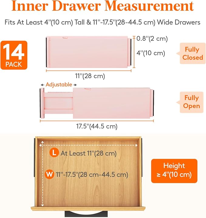 Lifewit 14 Pack Drawer Dividers 4" High, 11-17" Adjustable Drawer Organizers - Image 2