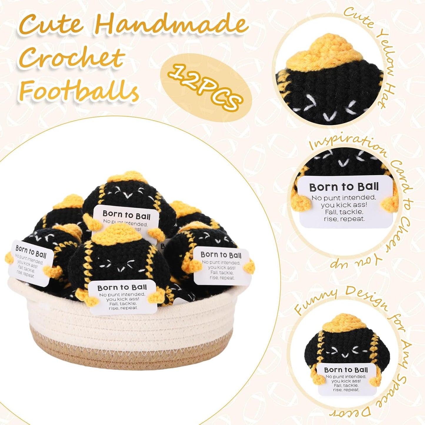 12pcs Funny Football Gifts for Team Bulk Soccer Balls with Motivational Cards Positive Handmade Mini Crochet Team Gift for Coach Women Men Coworker Birthday Christmas Party Favors