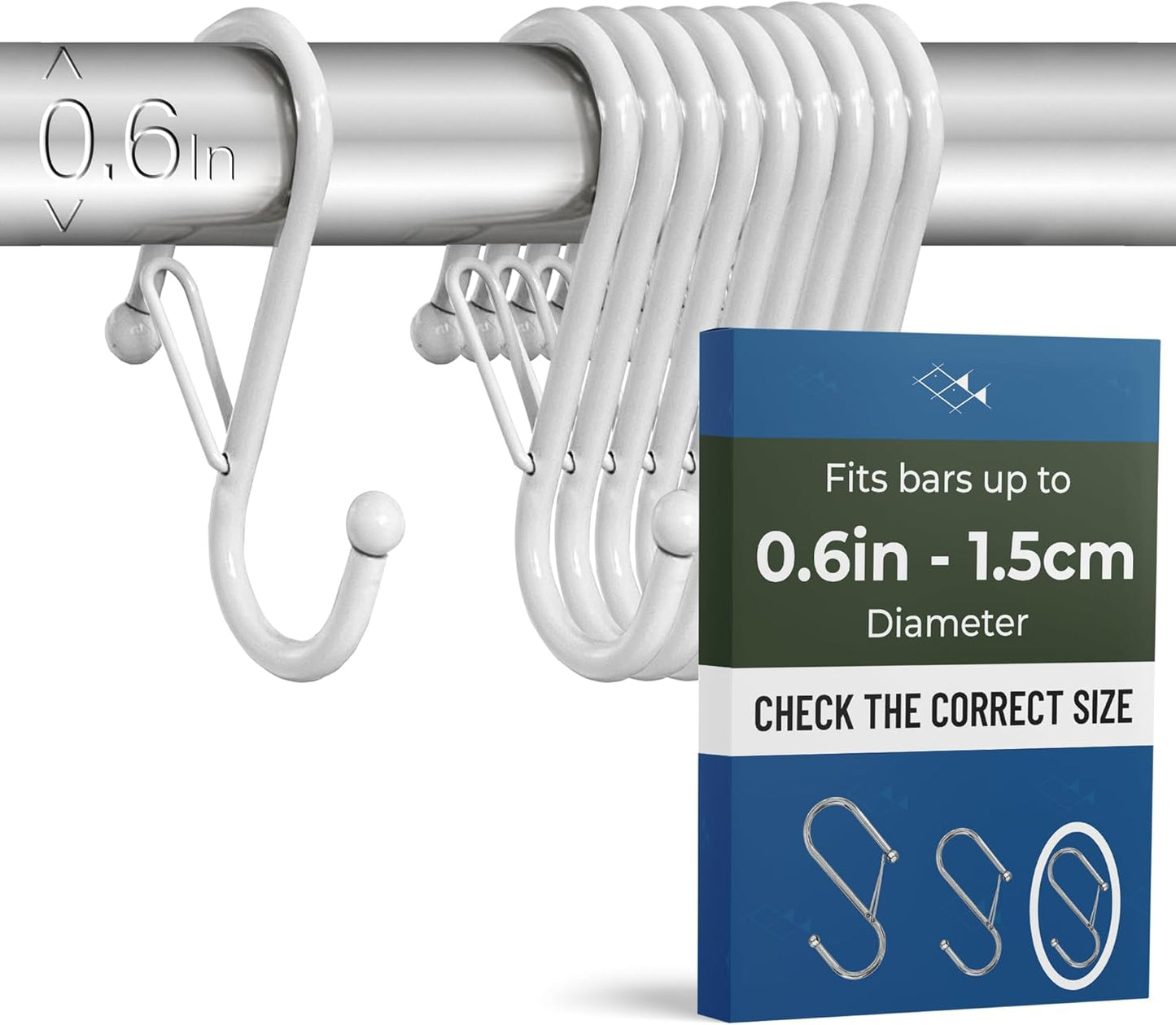 10-Pack Metal S Hooks for Hanging – Heavy-Duty S-Shaped Hooks with Safety Buckle – Fits Bars up to 0.6 in – Anti-Drop Hooks for Kitchen, Pot Racks & Towel Bars – White (Small)