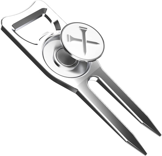 Blue Tees Golf 6-in-1 Premium Divot Tool & Ball Marker - Bottle Opener - Club Tee - Groove Cleaner - Putting Alignment - Designed to Be the Ultimate Tool for the Green – Silver
