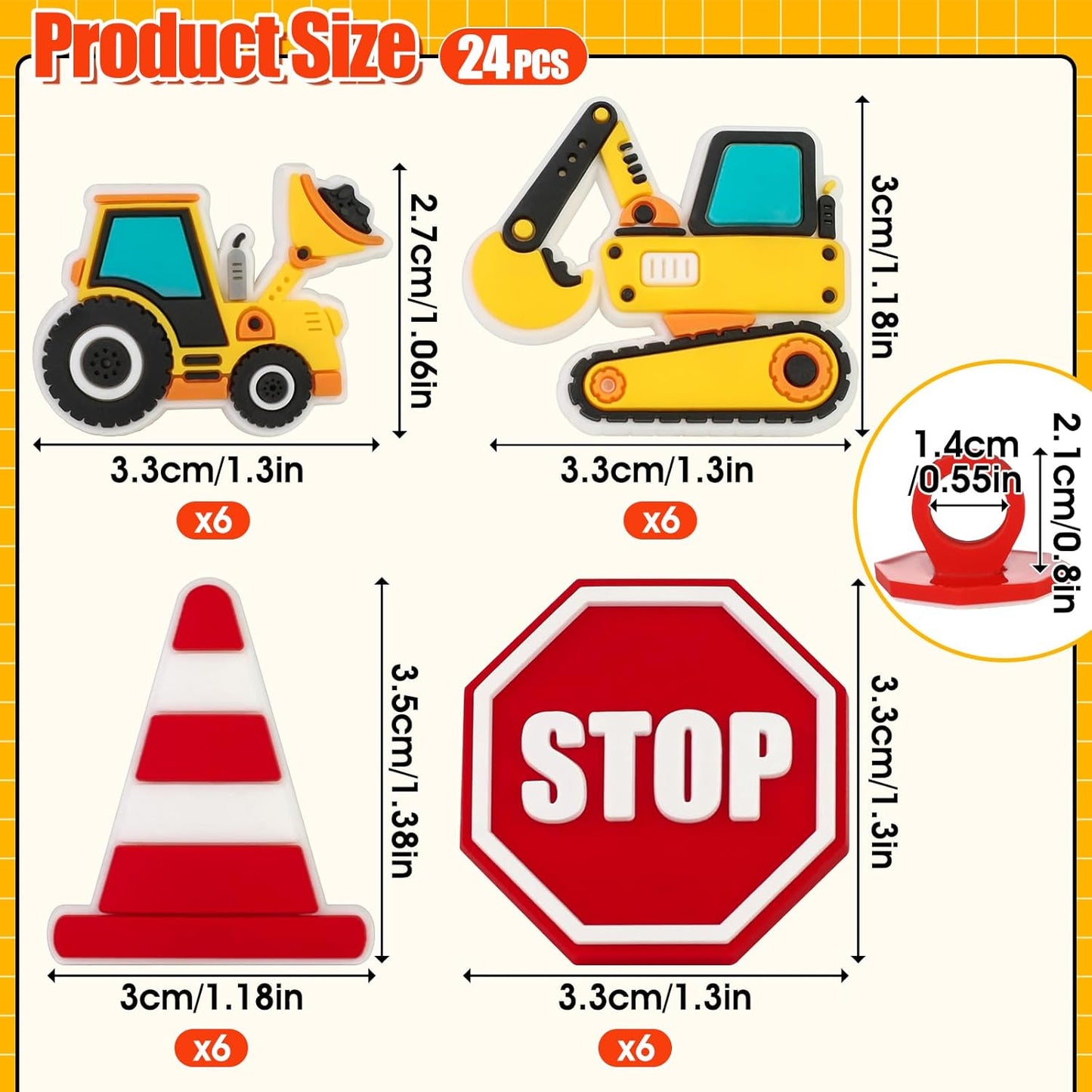 24PCS Construction Cupcake Rings Toppers Stop Sign Excavator Bulldozer Party Cake Picks Decorations for Construction Theme Birthday Party Supplies