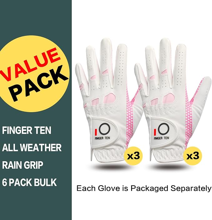 FINGER TEN Women’s Golf Gloves Ladies Left Hand Right Handed Golfer Value 6 Pack - Image 2