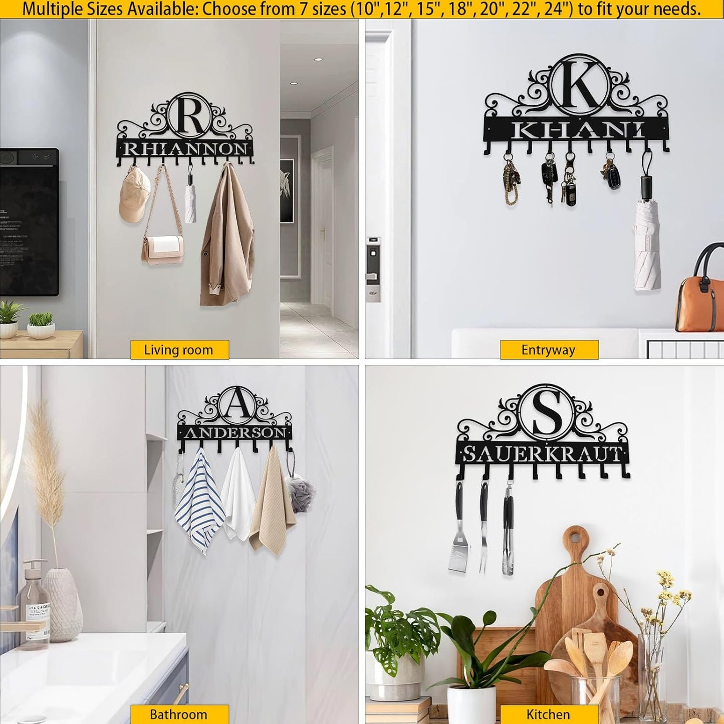 10" Custom Metal Key Rack Hooks, Personalized Key Holder for Wall,Name Background Letter Theme Wall Decoration Key Hooks, Key Hanger Organizer for Living Room, Entryway, Bathroom, Kitchen Decor