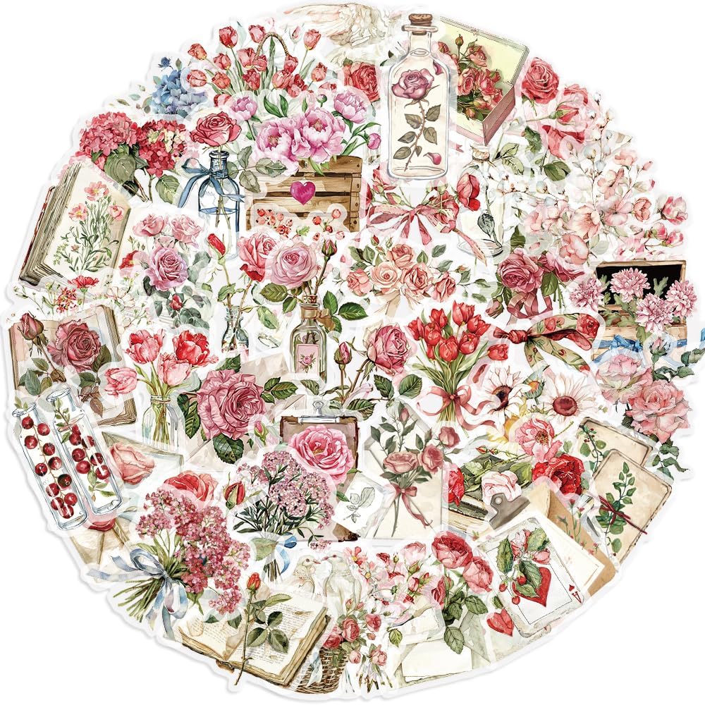 200 Pcs Natural Flower Stickers for Scrapbooking, Self-Adhesive Transparent Floral Stickers in 4 Colors, Journaling Supplies for Adult Card Making, Water Bottle Decoration (Vintage Rose)