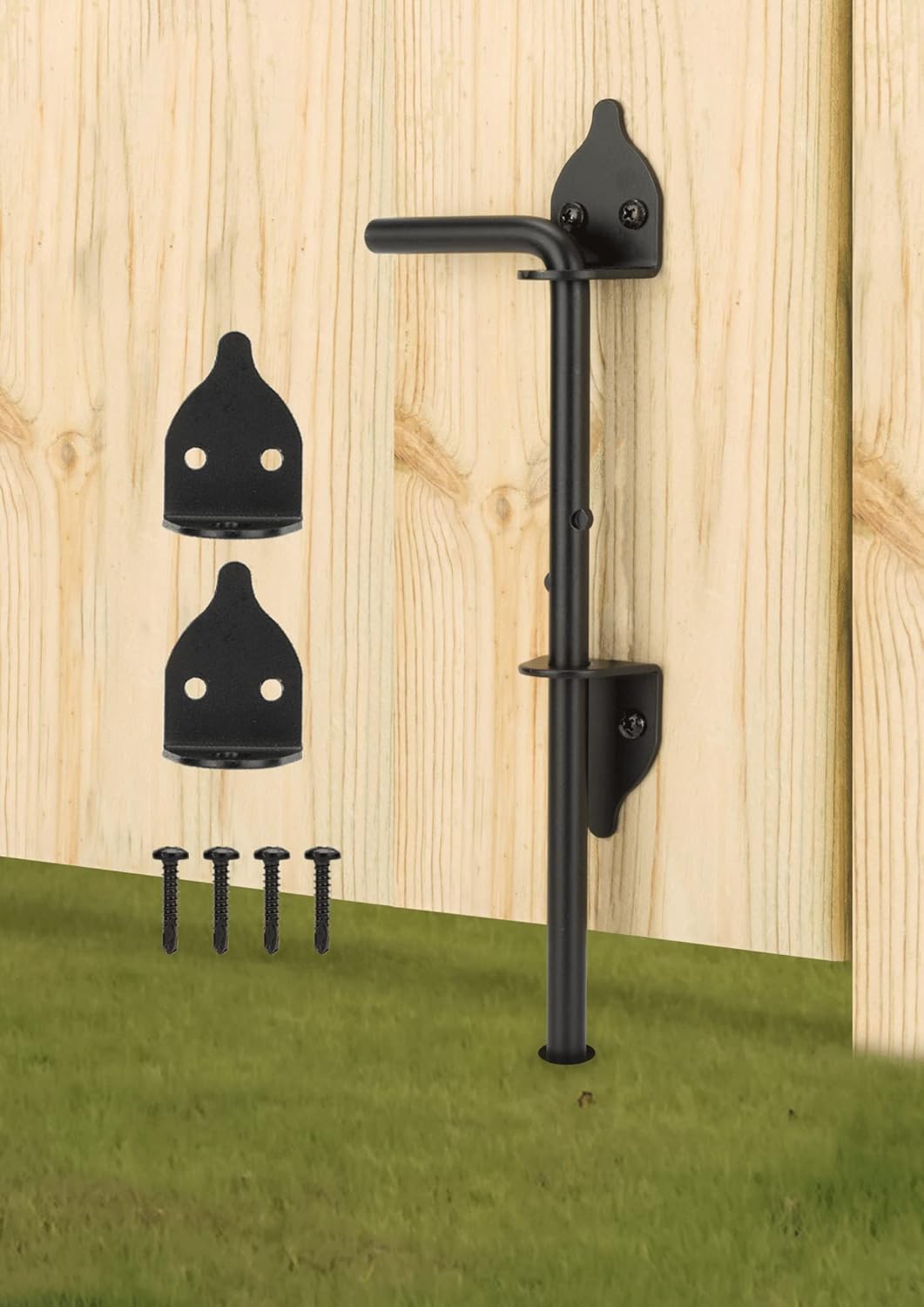 12" Heavy Duty Cane Bolt Gate Drop Rod Hardware Ground Latch for Wood PVC Vinyl Metal Fences Gates, Double Doors, Black Solid Steel -1 Pack
