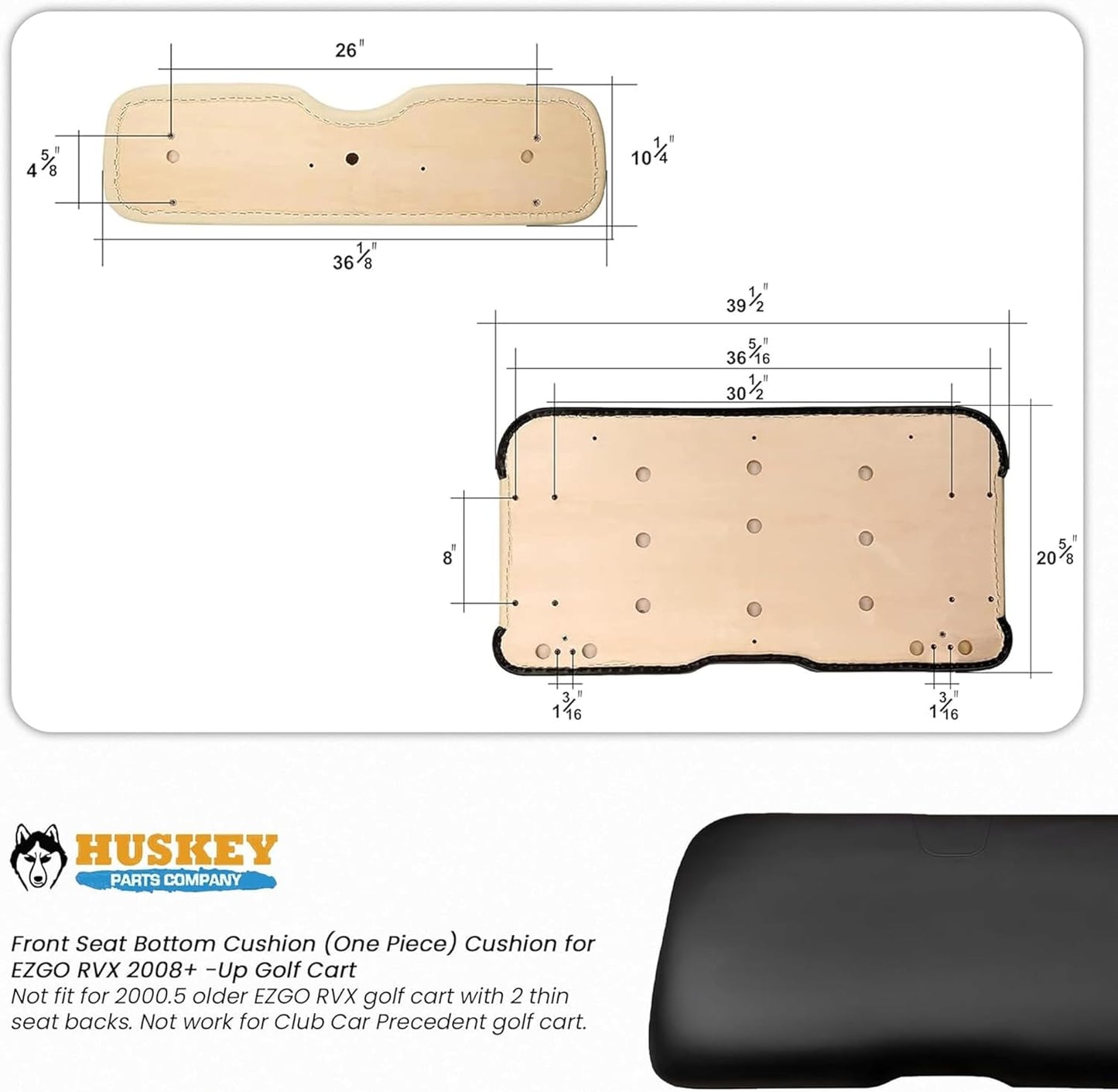 Huskey Parts Company Golf Cart Seat Cushion Black Color Front Bottom Seat for EZGO RXV 2008 and Up, Golf Cart Front Seat Replacement with Mounting Hardware