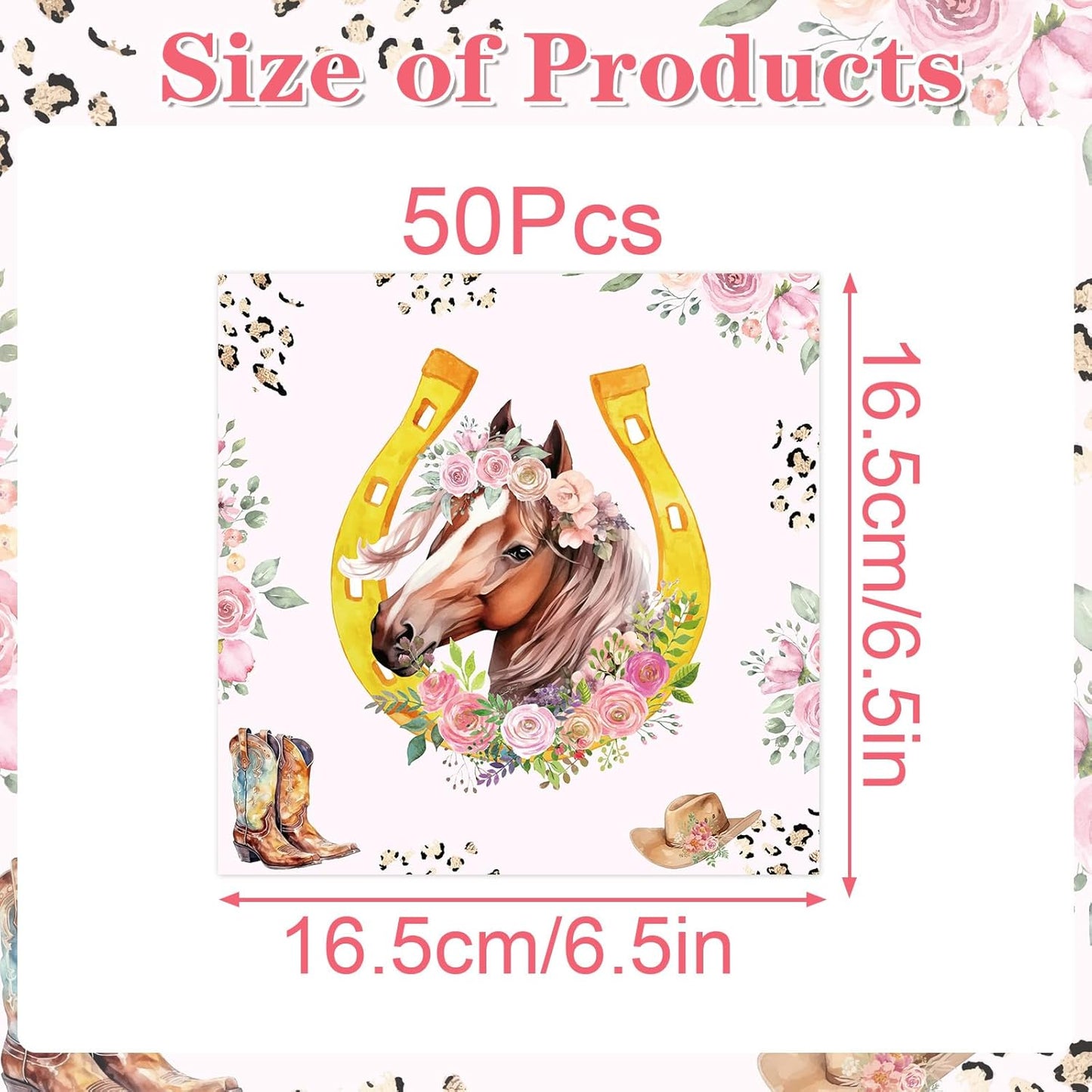 Horse Birthday Napkins Decorations for Girls, 50PCS Floral Cowgirl Party Napkins Decor, Disposable Western Horse Paper Napkins Set Supplies Size 6.5 Inch
