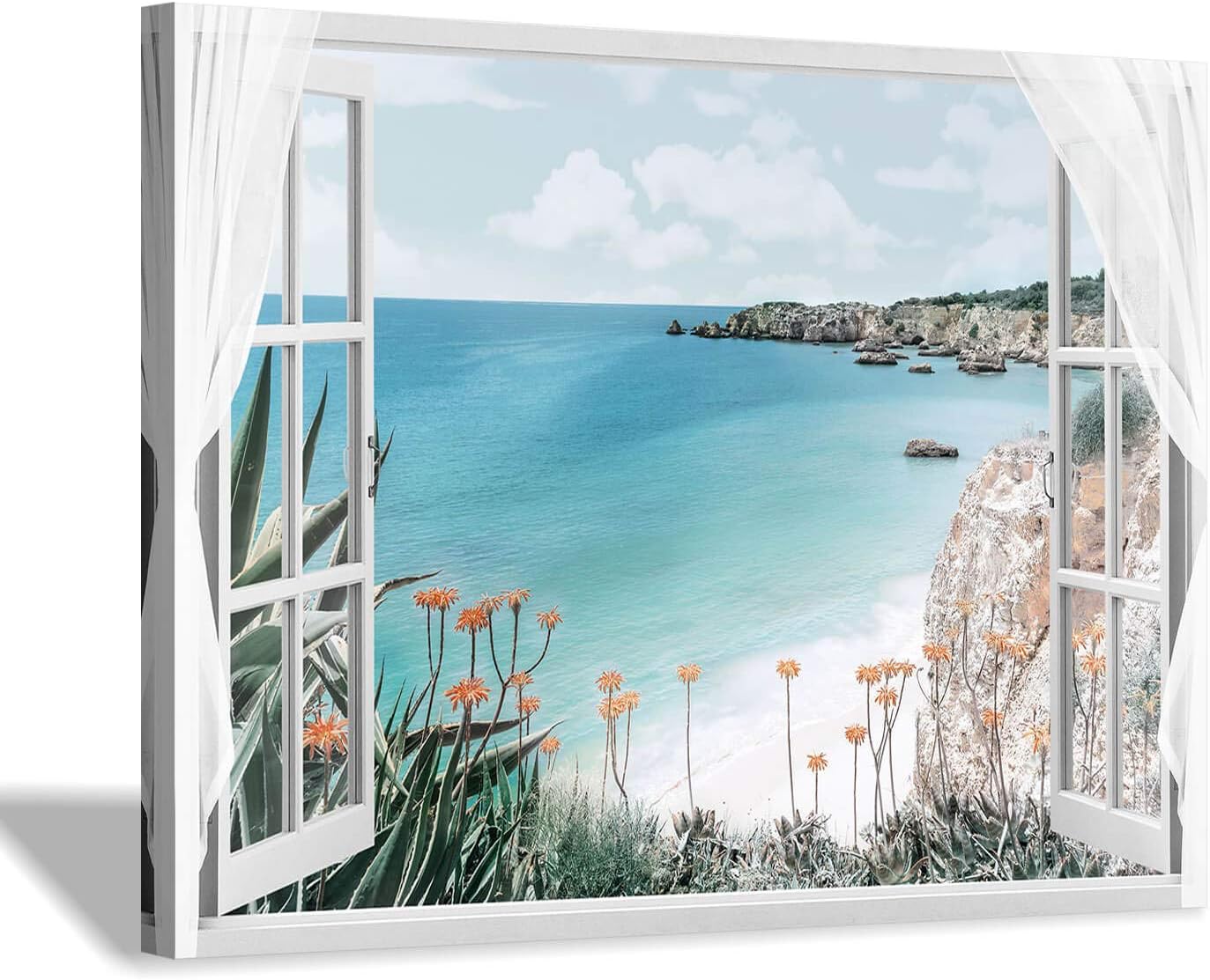 Hardy Gallery Coastal Painting Seascape Wall Art: Open Window View Picture Blue Ocean & Beach Artwork on Canvas for Bedroom (16'' x 12'' x 1 Panel)
