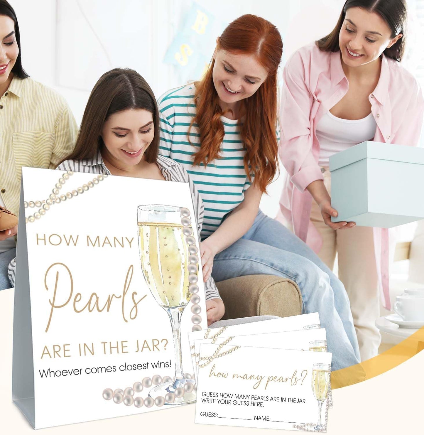 Guess How Many Cards, Guess How Many Pearls Are in the Jar, Party Games & Activities, Pearls Bridal Shower Decorations, 50 Cards and Sign