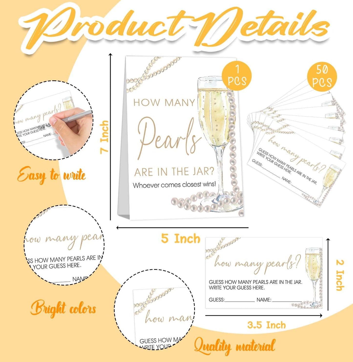 Guess How Many Cards, Guess How Many Pearls Are in the Jar, Party Games & Activities, Pearls Bridal Shower Decorations, 50 Cards and Sign