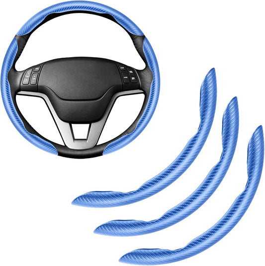 Amiss 3pcs Carbon Fiber Anti-Skid Steering Wheel Cover, Segmented & Butterfly Design, Universal 99% Car Wheel Cover Protector, Blue
