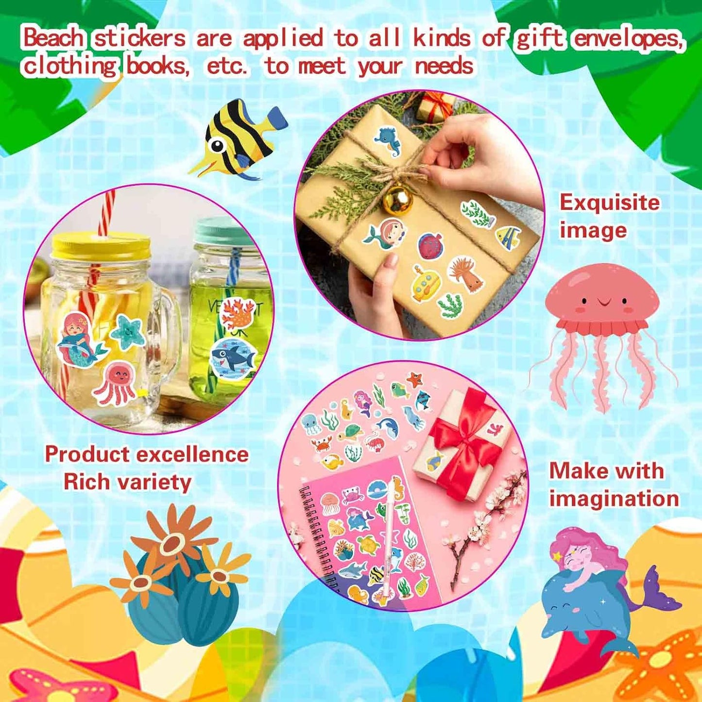 24 Sheets Ocean Stickers for Kids, Sea Animal Adhesive Waterproof Stickers, Mermaid Tropical Fish Shark Sticker, Under The Sea Animal Beach Sticker for Ocean Party Favors