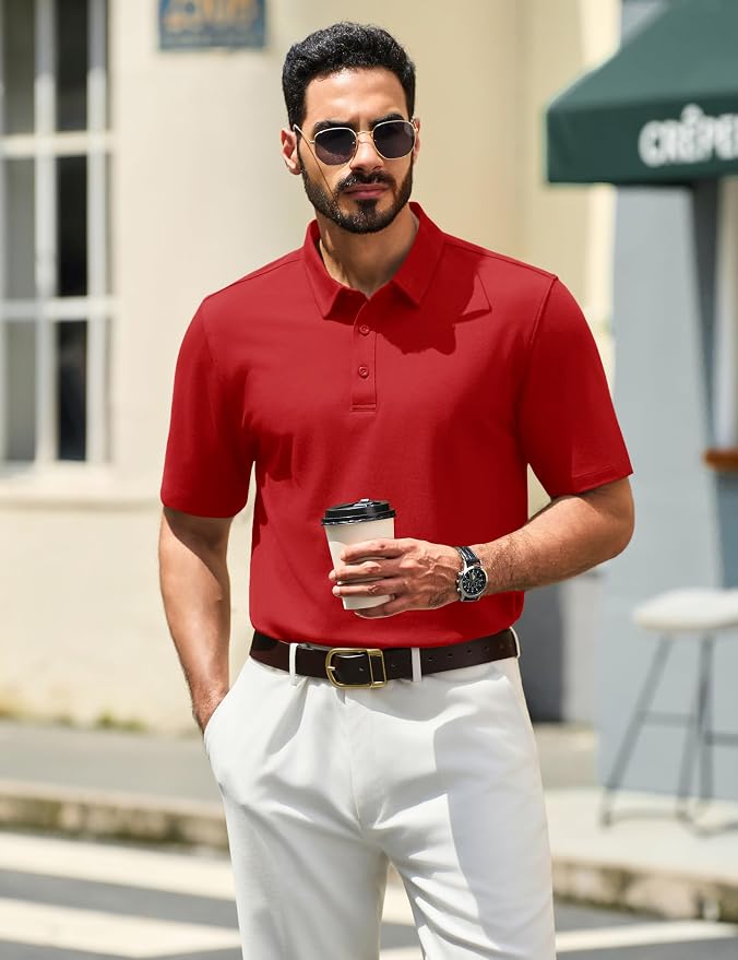 TACVASEN Mens Polo Shirts Short Sleeve Pique 3 Buttons Golf Polo Cooling - Image 2