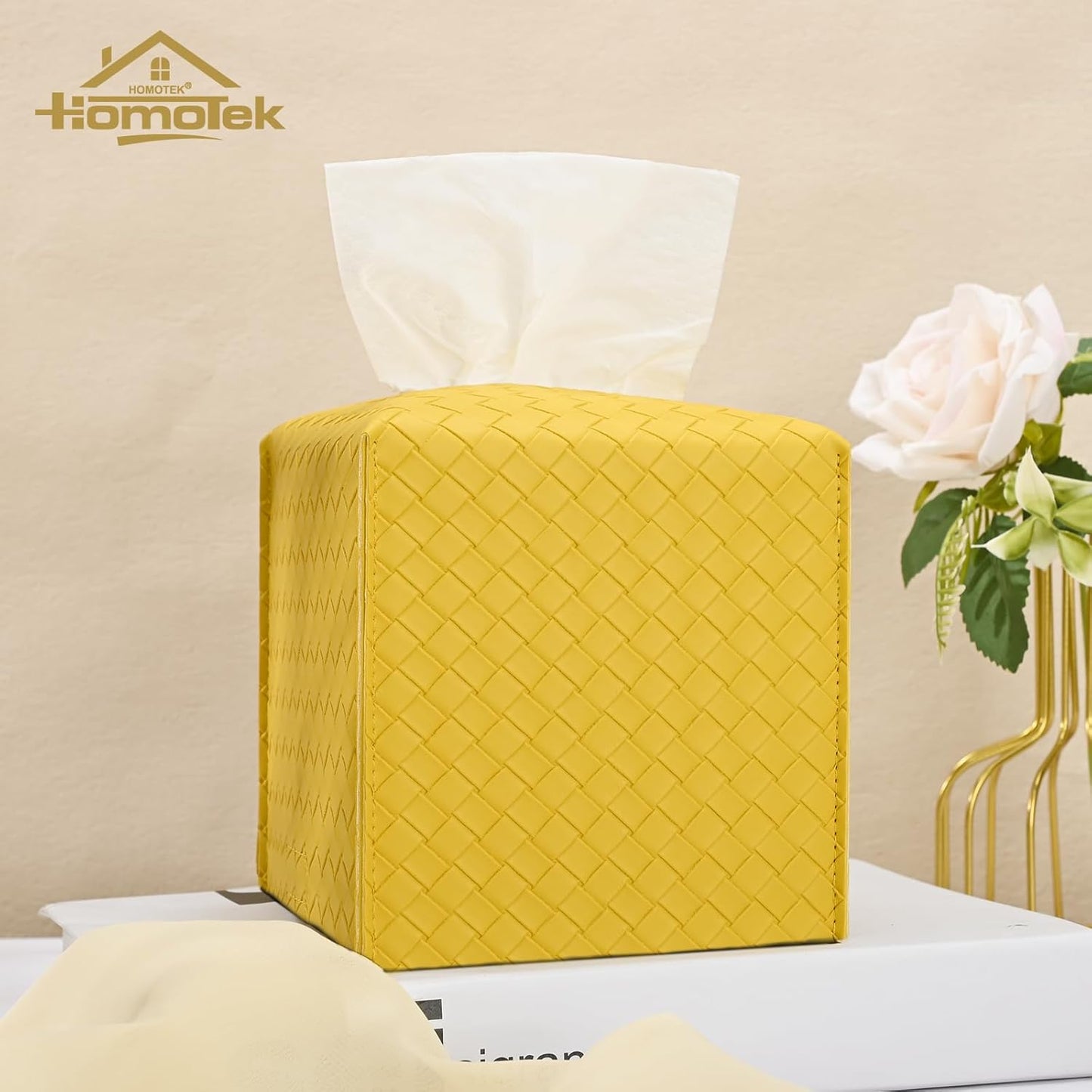 HOMOTEK 2 Pack Tissue Box Cover, Square PU Leather Tissue Holder, Decorative Facial Tissue Cube Paper Organizer Dispenser for Bathroom, Night Stands, Desk, Car 5X5X5'' - Woven Waffle,Mango Yellow