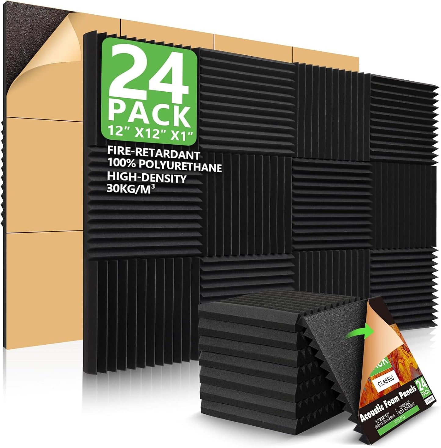 24 Pack Acoustic Panels, 1" X 12" X 12" Acoustic Foam Panels, Sound Proof Foam Panels, Self-Adhesive Soundproof Wall Panels ,Fire-Proofed Soundproofing Wedges,Acoustic Treatment Foams for Home-Black