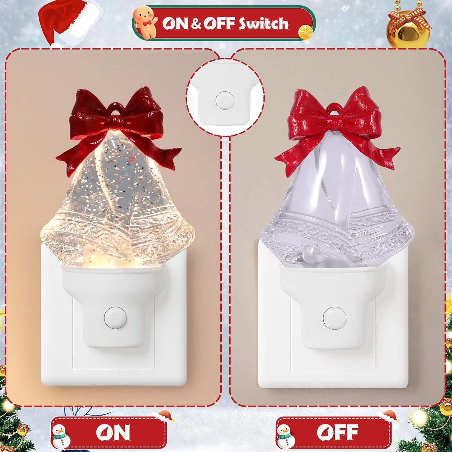 2 Pack Christmas Bell Night Light Plug into Wall Glitter Water Nightlight with USB/Outlet Options, Christmas Decorative Nightlight for Bedroom Kitchen Nursery Holiday Decorations Gifts (Bell)