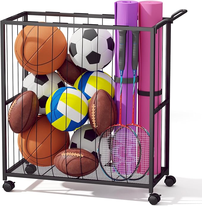 Ball Storage Bin Rolling Sports Ball Cart, Metal Garage Organizer Sport Rack by Homsorout