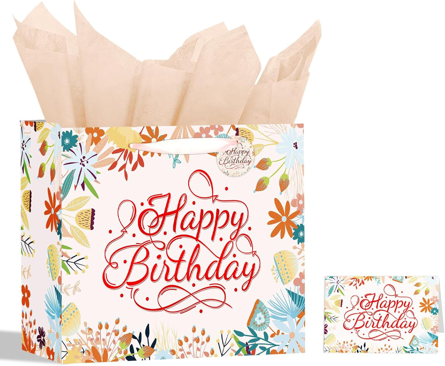 13" White Happy Birthday Gift Bag with Tissue Paper and Greeting Card for Patry, Happy Birthday Gift Bag for Women, Gift Bags Medium size(1 PCS Flower Gifts Bag)