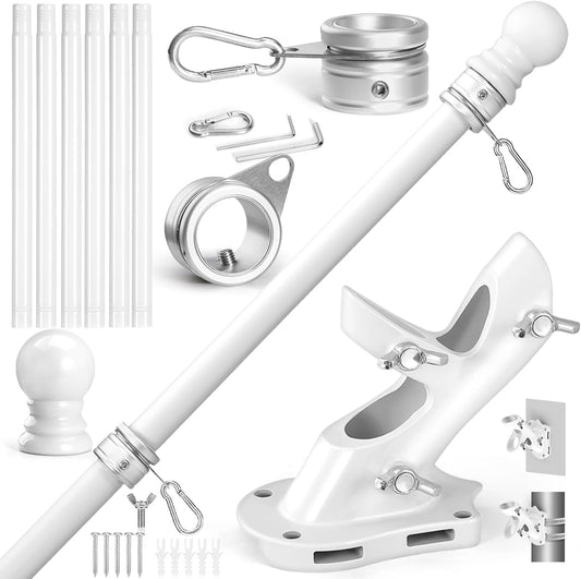 Anovo Flag Pole Kit- Stainless Steel 7 FT Flag Poles with1 Inch Metal 360° Rotating Flag Pole Rings Clip, Two-Position Flag Pole Holder Brackets Mounting for Outside House Outdoor Porch (7 FT - White)