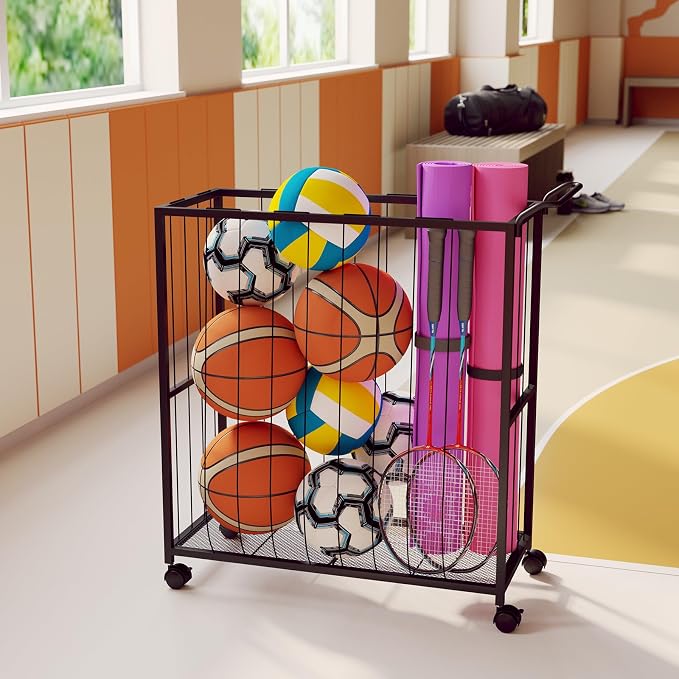 Ball Storage Bin Rolling Sports Ball Cart, Metal Garage Organizer Sport Rack - Image 9
