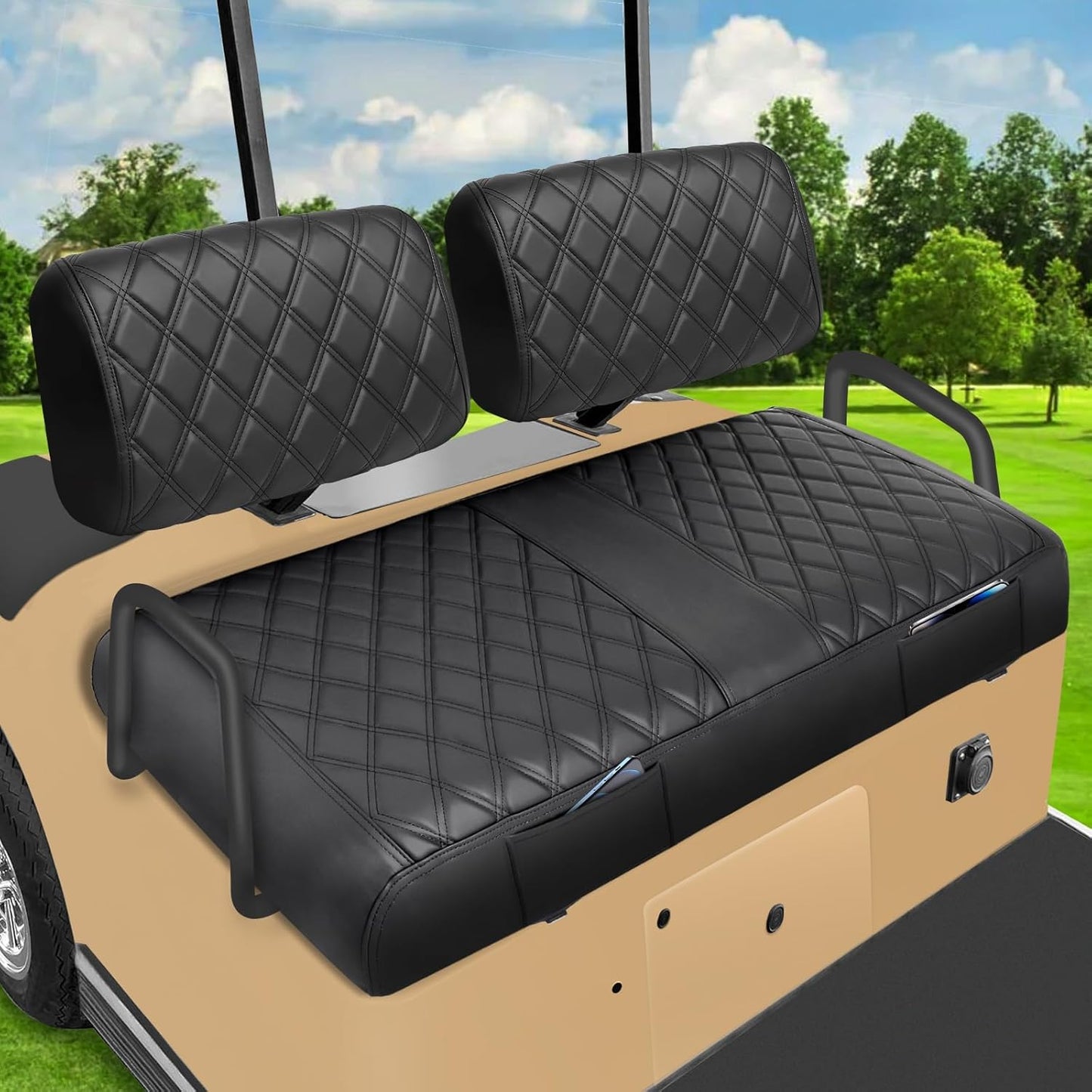 iLSKW Golf Cart Seat Covers for Yamaha G22 G8 G9 G16 G19 G2 Seat Cover OEM Front, Thinck Vinyl Leather with Convex Diamond Texure, Full Wrap-Around Design of Yamaha G22 Golf Cart Front Seat Cover