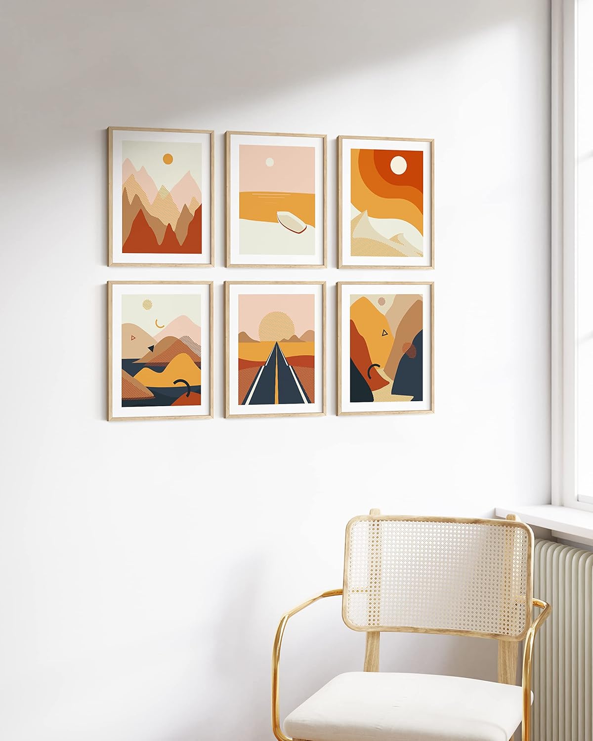 HAUS AND HUES Abstract Minimalist Landscape Wall Art Prints - Set of 6 Modern Aesthetic Mountain Wall Art Posters, Minimal Geometric Nature Paintings, Minimalist Wall Art (Beige Frame, 8x10)