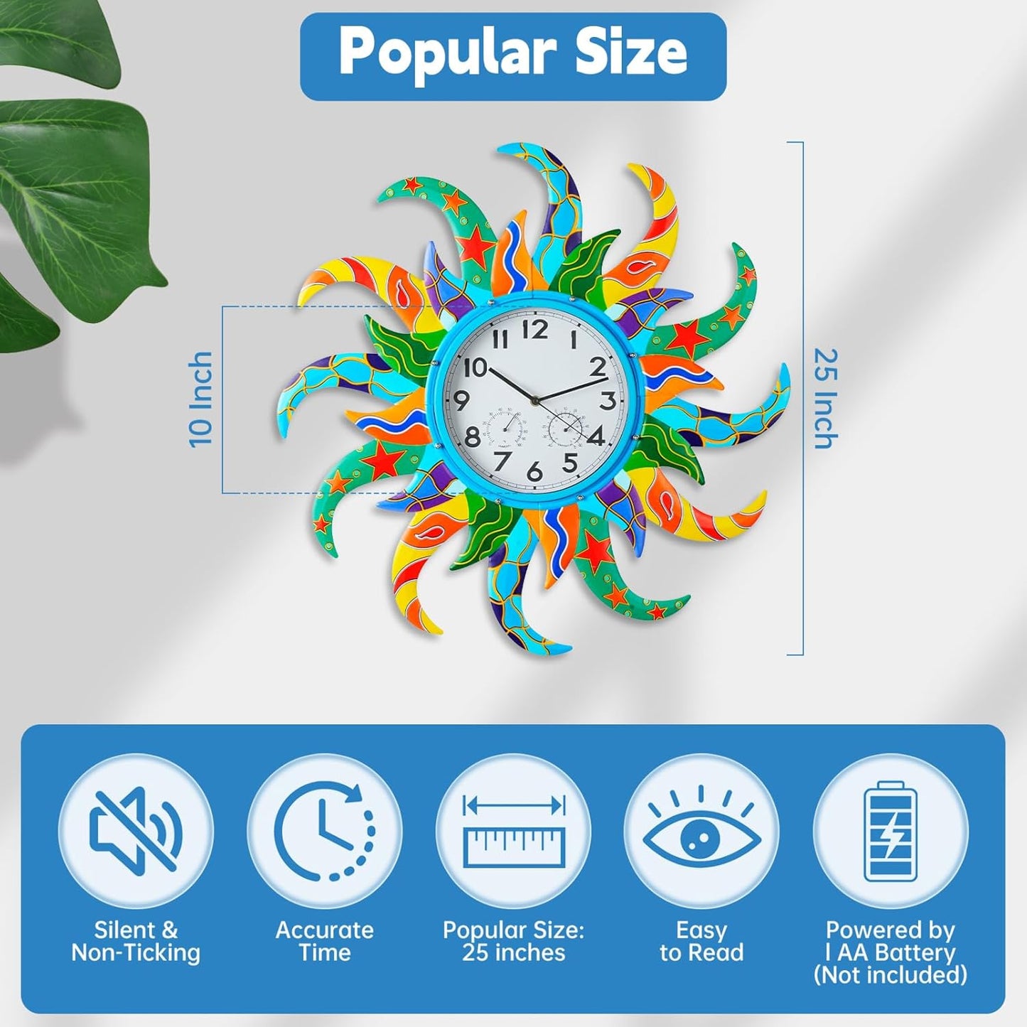 25-Inch Sun-Shaped Outdoor Clock and Thermometer Set, 10-Inch Dial, Battery Powered, Waterproof, Silent Quartz Movement (Blue)