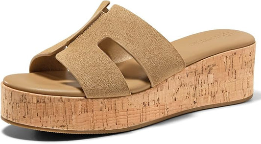 Coutgo Women's Platform Wedge Sandals Open Toe Slip On Slides Cork Heeled by Coutgo