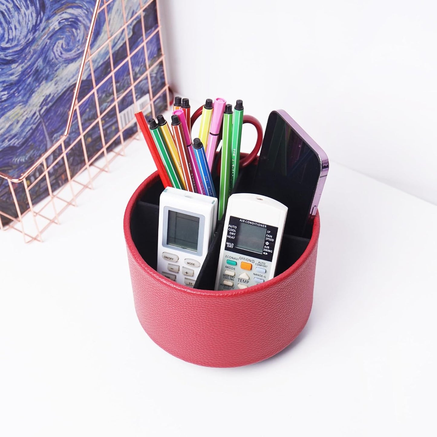 Hennaja Round Leather Art Supply Organizer,Remote Control Holder,360 Degree Spinning,Multi-Functional Pencil Holder,4 Compartments Desktop Stationary Organizer(1-Lichee Red)