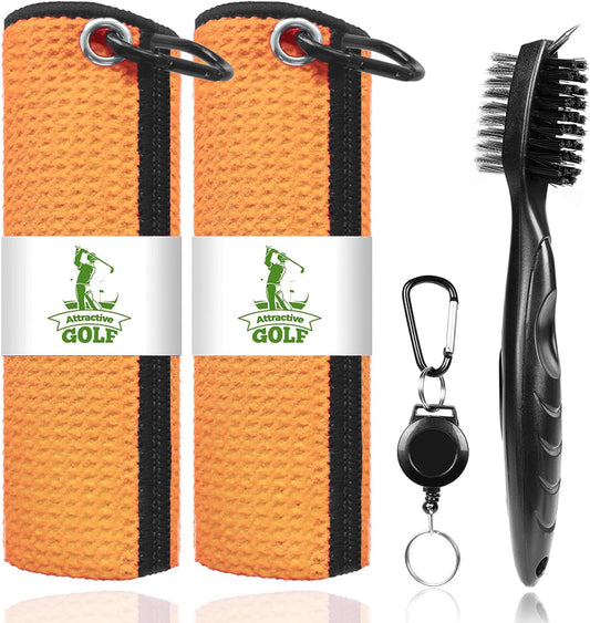 ATTRACTIVE Golf Towels, Microfiber Waffle Pattern Towels - Golf Club Brush with Cleaning (Orange)