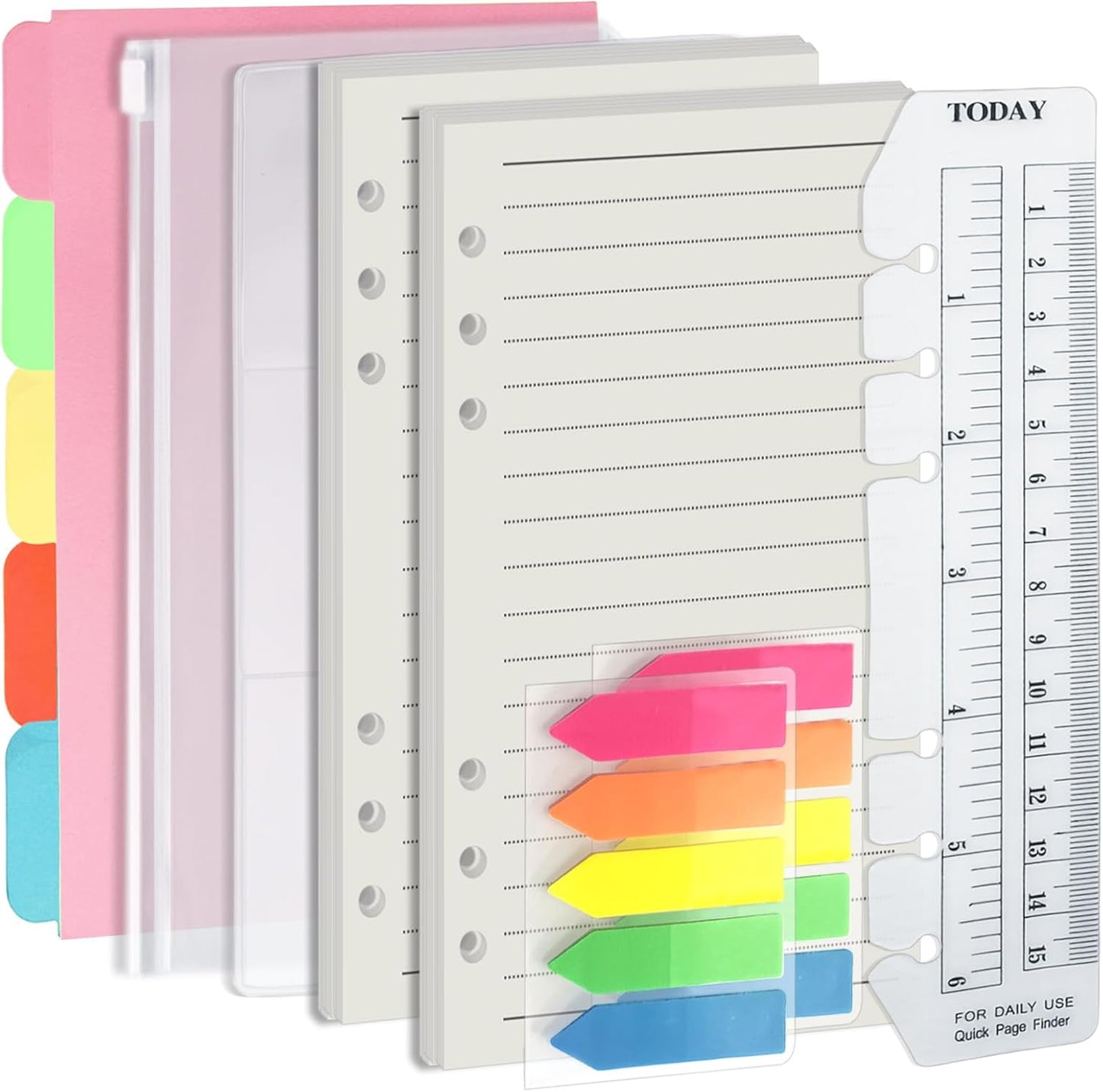 Harphia A6 6 Holes Binder Refill Value Set, 90 Sheets Ruled Line Planner Insert, 5 Sheets Binder Paper Dividers, Translucent Planner Pocket, PVC Binder Card Bag, 200Pcs Colorful Index Stickers