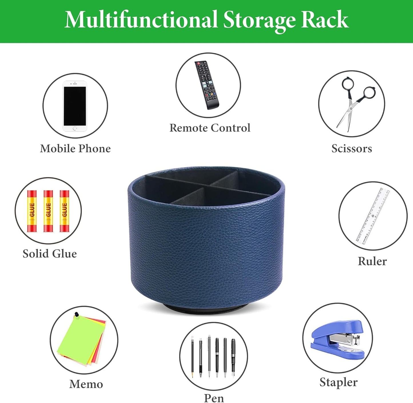 Hennaja Round Leather Art Supply Organizer,Remote Control Holder,360 Degree Spinning,Multi-Functional Pencil Holder,4 Compartments Desktop Stationary Organizer(1-Lichee Blue)