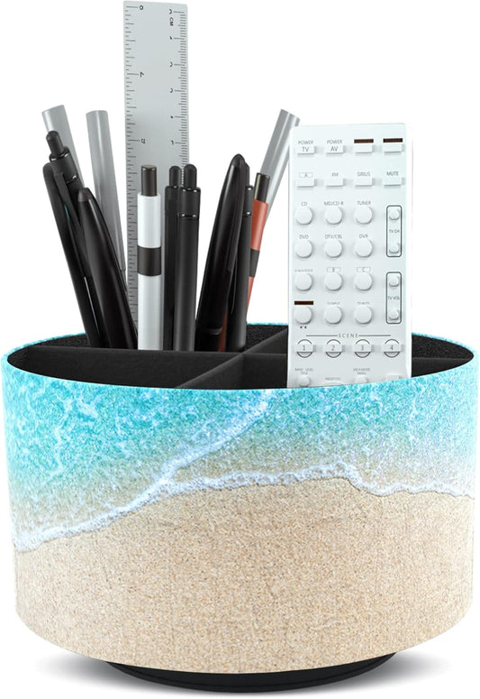 Hennaja Round Leather Art Supply Organizer,Remote Control Holder,360 Degree Rotating,Multi-Functional Pencil Holder,4 Compartments Desktop Stationary Organizer(1-Sandbeach)