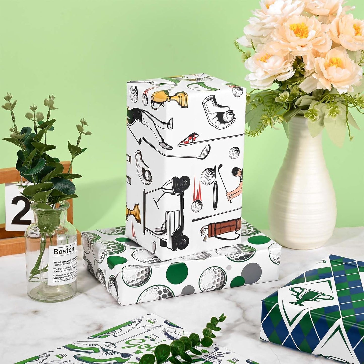 12 Sheets Golf Wrapping Paper Golf Clubs Balls Green Argyle Pattern Sports Gift Wrap Paper for Golf Theme Birthday Party Supplies, 20" x 28"