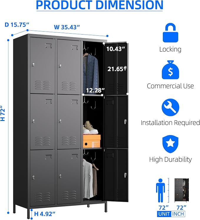 METAN Metal Locker for School Office Gym Bedroom, 9 Doors Black Steel Storage - Image 3